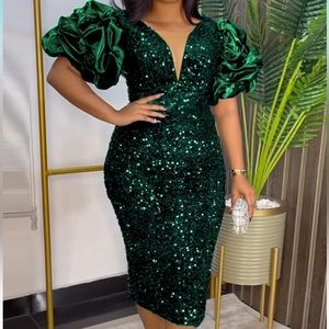 Deep V Neck with Mesh Puff Sleeve High Waist  Sequin Dress sold separately